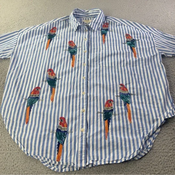 Maeve Parrot Button Down Shirt Womens XS / S Blue White Striped Sequin Oversized - Picture 5 of 9